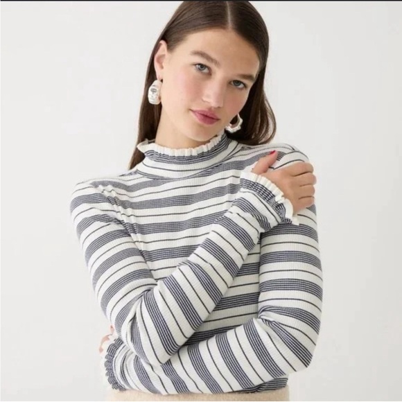 J. Crew | Striped Vintage Rib Ruffle Mockneck Long Sleeve Tee - Picture 1 of 6